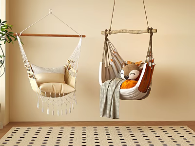 Cozy Hanging Chairs Featuring Fringes Wooden Branch Rod Fox Plush and Gray Blanket 3d model