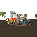 Vibrant Beach Party Scene With Teal Car Palm Trees And People