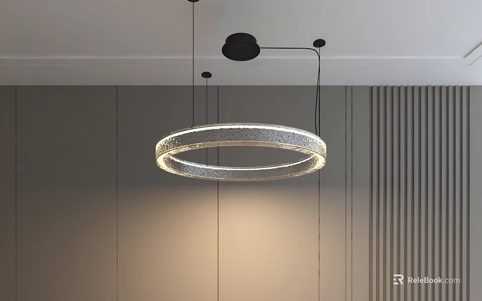 Circular Modern Illuminated Pendant Light Hanging From Ceiling In Minimalist Room 3d model 