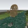 Scenic Waterfront Landscape With Large Wooden Waterwheel By Stream Green Grass And Stones