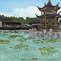 Ancient Chinese Architecture Courtyard With Traditional Wooden Pagoda Lanterns And Furniture