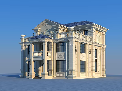 European Style Two Story Detached Villa With Cream Exterior Blue Roof And Balcony 3d model