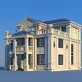 European Style Two Story Detached Villa With Cream Exterior Blue Roof And Balcony