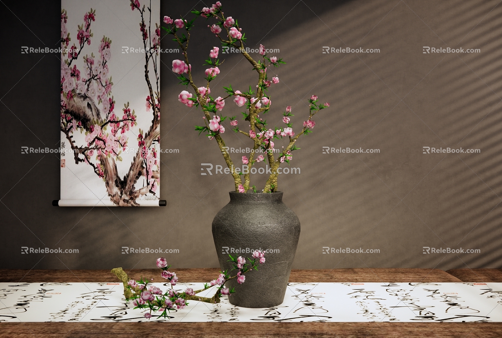 New Chinese Style Vase Flower Art Peach Blossom Flower Artwork Pottery Pot Flower Artwork End Scene Wooden Table Chinese Style Hanging Painting 3d model