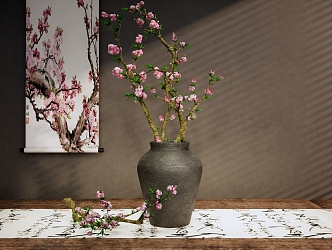 New Chinese Style Vase Flower Art Peach Blossom Flower Artwork Pottery Pot Flower Artwork End Scene Wooden Table Chinese Style Hanging Painting 3d model