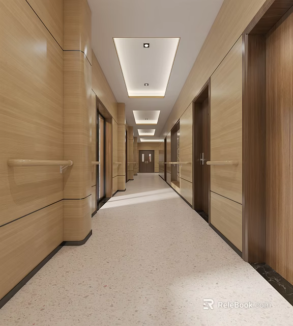 Bright Elevator Hallway With Wooden Walls Elevator Doors Handrails Ceiling Lights And Light-colored Floor 3d model