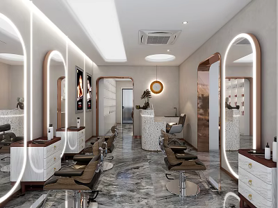 Modern Hairdressing Salon Interior With Round Mirrors Styling Chairs And Workstations 3d model