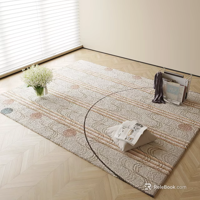 Light Colored Square Rug With Beige Stripes Circular Patterns White Flower Bouquet And Magazines On Wooden Floor 3d model 