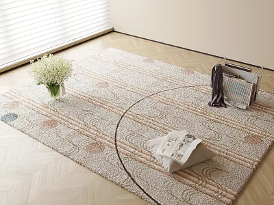 Light Colored Square Rug With Beige Stripes Circular Patterns White Flower Bouquet And Magazines On Wooden Floor 3d model