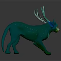 Mythical Green Feline Creature With Antlers Blue Ears And Yellow Spots