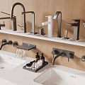 Various Styles of Modern Bathroom Faucets on Wooden Wall Shelf with White Countertop