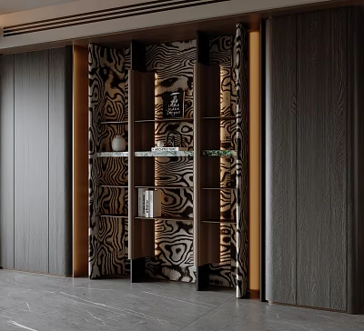 Modern Bookcase Interior Design With Open Wooden Shelves And Decorative Items 3d model