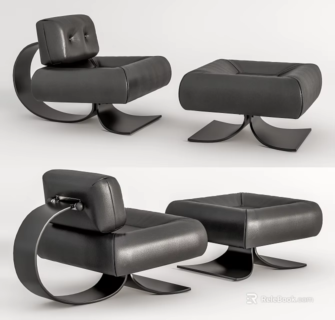 Modern Black Leather Leisure Chair With Curved Metal Frame And Ottoman 3d model 