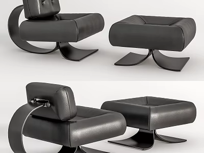 Modern Black Leather Leisure Chair With Curved Metal Frame And Ottoman 3d model