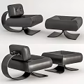 Modern Black Leather Leisure Chair With Curved Metal Frame And Ottoman
