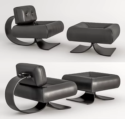Modern Black Leather Leisure Chair With Curved Metal Frame And Ottoman 3d model