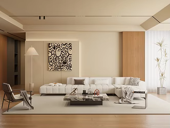 Modern Living Room Sofa Coffee Table Combination Leisure Chair Green Plant Potted Plant Ornaments Fantasy Curtain Floor Lamp 3d model
