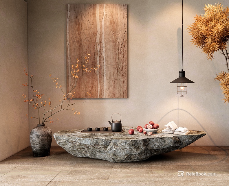 Natural Stone Coffee Table With Wooden Wall Art Pendant Light Plants Tea Set And Fruits 3d model 
