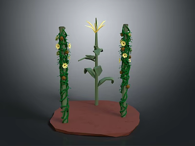 Central Yellow Flower Plant With Green Leaves And Side Vines On Red Base 3d model