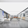 Modern Spacious Showroom Interior Design With Long Wooden Table Display Cabinets And Appliances
