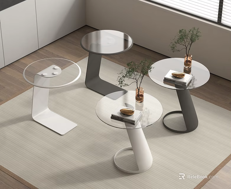 Modern Minimalist Coffee Tables With Glass Tops White And Gray Frames With Plants And Books 3d model 