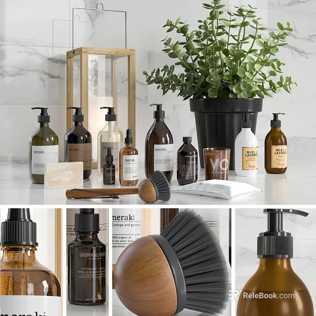 Elegant Bathroom Accessories with Soap Dispensers Brushes Towels and Small Plants on Marble Countertop 3d model 