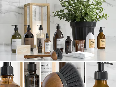 Elegant Bathroom Accessories with Soap Dispensers Brushes Towels and Small Plants on Marble Countertop 3d model