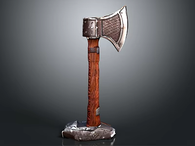 Vintage Decorative Axe With Wooden Handle And Metal Head On Base 3d model