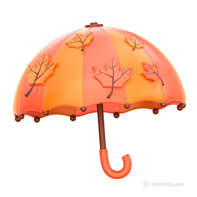Decorative Umbrella Featuring Orange Red Stripes Leaf Decorations And Brown Handle With Hook 3d model 