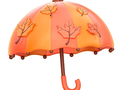 Decorative Umbrella Featuring Orange Red Stripes Leaf Decorations And Brown Handle With Hook 3d model
