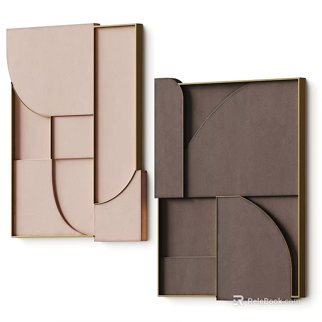 Modern Geometric Wall Decor with Light Pink Dark Brown Panels and Gold Frames 3d model 