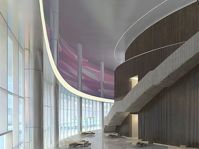 Modern Hotel Lobby Interior Featuring Curved Ceiling Large Windows And Spiral Staircase 3d model