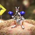Kangaroo Robot Wearing Blue Boxing Gloves Near Kangaroo Warning Sign On Hay Bales