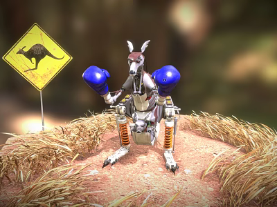 Kangaroo Robot Wearing Blue Boxing Gloves Near Kangaroo Warning Sign On Hay Bales 3d model