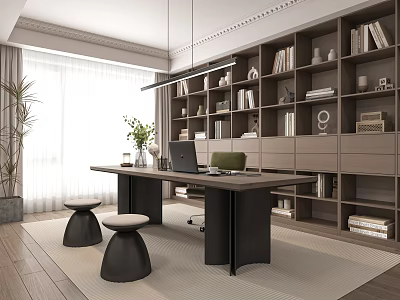 Modern Study Room Interior With Built in Bookshelves Wooden Desk Laptop Potted Plant And Rug 3d model