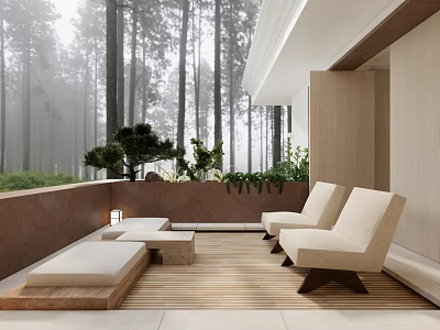 Villa Balcony With Misty Forest View Wooden Flooring Beige Chairs And Green Plants 3d model