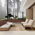 Villa Balcony With Misty Forest View Wooden Flooring Beige Chairs And Green Plants