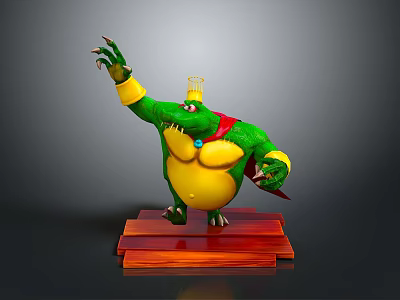 Game Movie Character Green Alligator With Crown Red Cape Yellow Belly Standing On Wooden Base 3d model