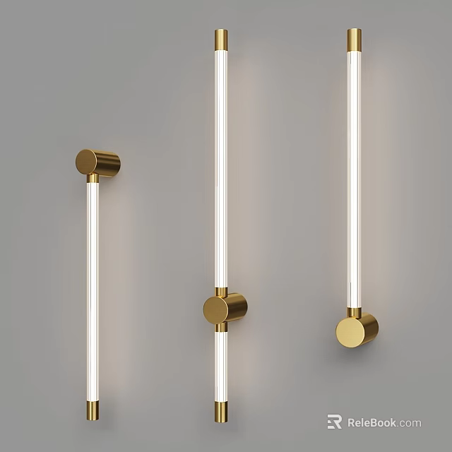 Modern Wall Sconces with Golden Metal Bases and Long White Tube Lights on Grey Wall 3d model 