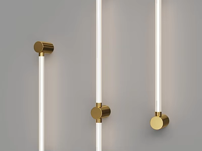 Modern Wall Sconces with Golden Metal Bases and Long White Tube Lights on Grey Wall 3d model