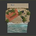 Cartoon Beach Scene With Red Roof Hut Palm Trees And Ocean Water