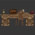 Wooden Writing Desk With Open Book Jewelry Box Water Jug Candles Apple And Chair