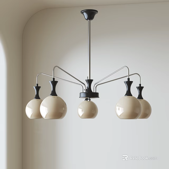 Modern Pendant Light With Multiple Beige Globe Shades And Black Metal Frame For Interior Design 3d model 