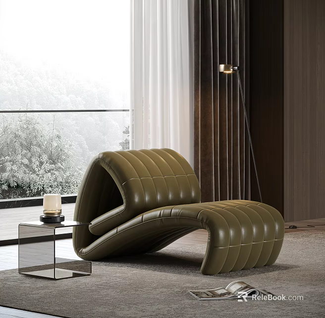Olive Green Leather Leisure Chair Modern Curved Design With Glass Side Table Candle Floor Lamp 3d model 