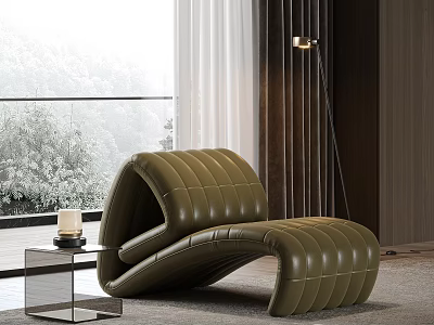 Olive Green Leather Leisure Chair Modern Curved Design With Glass Side Table Candle Floor Lamp 3d model