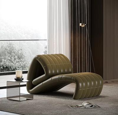 Olive Green Leather Leisure Chair Modern Curved Design With Glass Side Table Candle Floor Lamp 3d model