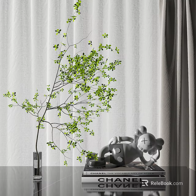 Decorative Ornament Set With Transparent Vase Green Leafy Branches Gray Cartoon Ornament And White Curtain 3d model 