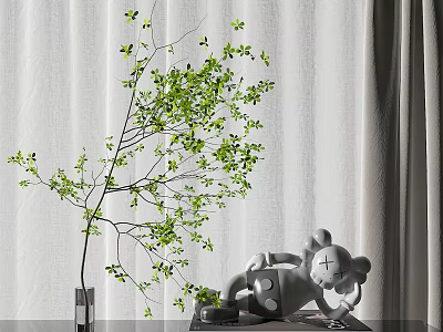 Decorative Ornament Set With Transparent Vase Green Leafy Branches Gray Cartoon Ornament And White Curtain 3d model