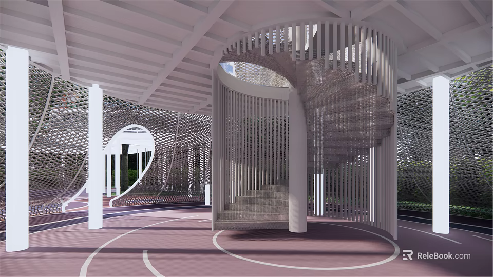 Modern Kids Play Area With Spiral White Structure Red Flooring And Running Track 3d model 