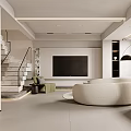 Modern Open Concept Living And Dining Room With Green Sofa Dining Table Round Rug And Staircase